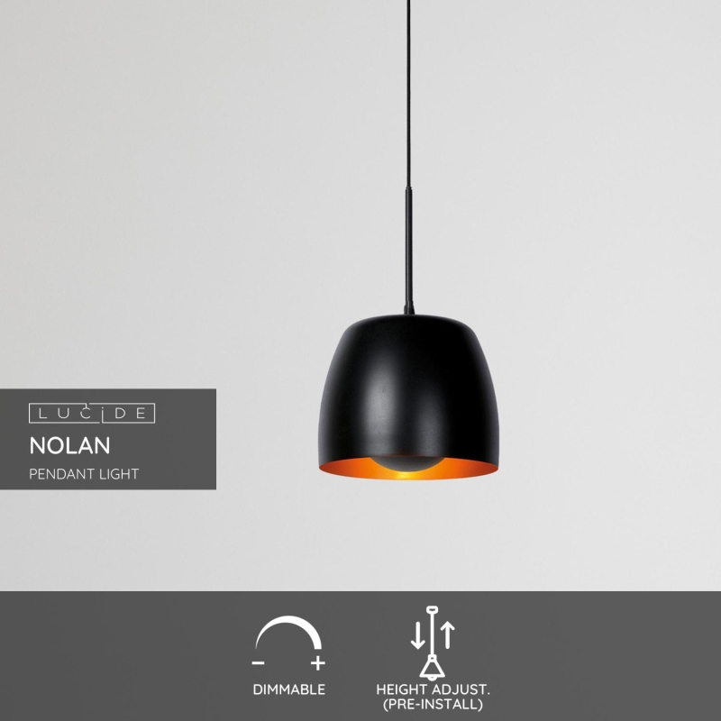 Lucide NOLAN - Závesné svietidlo - Ø 24 cm - 1xE27 - Čierna